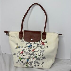 Longchamp France White Tree of Life Birds Tote .